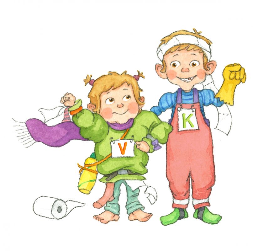 Piirroskuva, jossa veljekset Paavo ja Pate leikkivät supersankariasuissa.