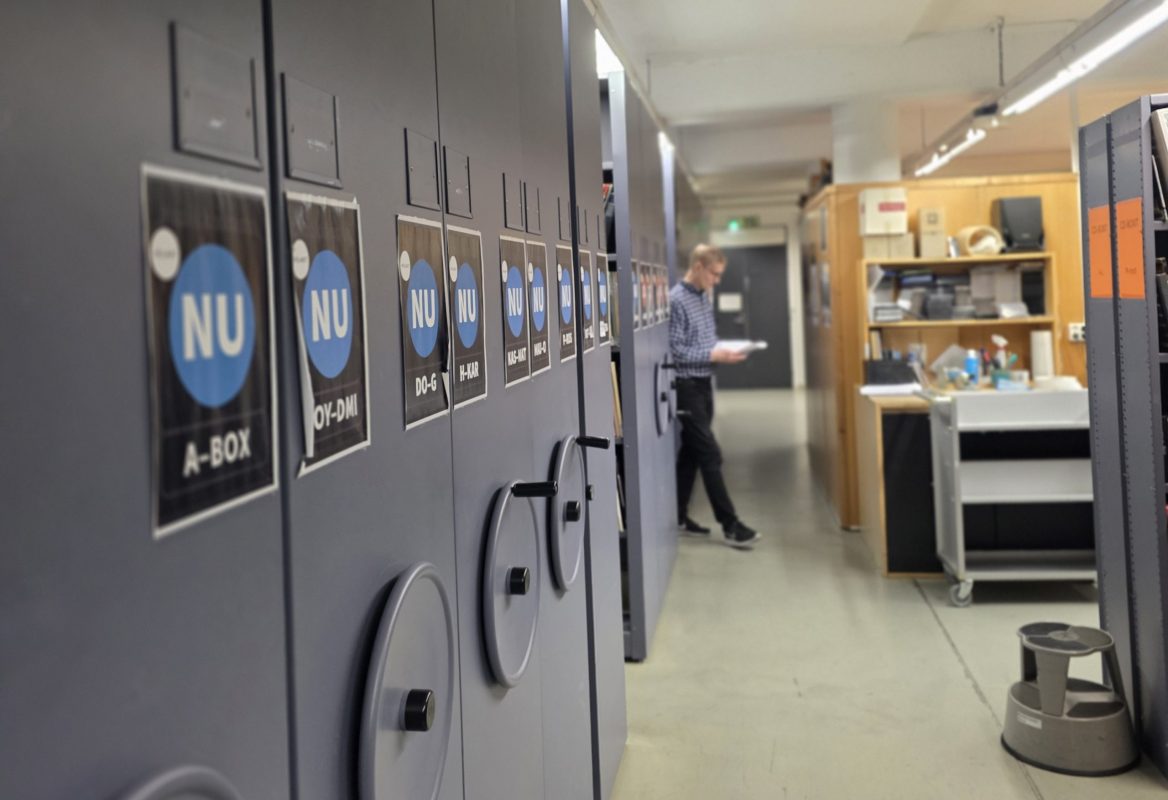 Archive shelves in the music depository.